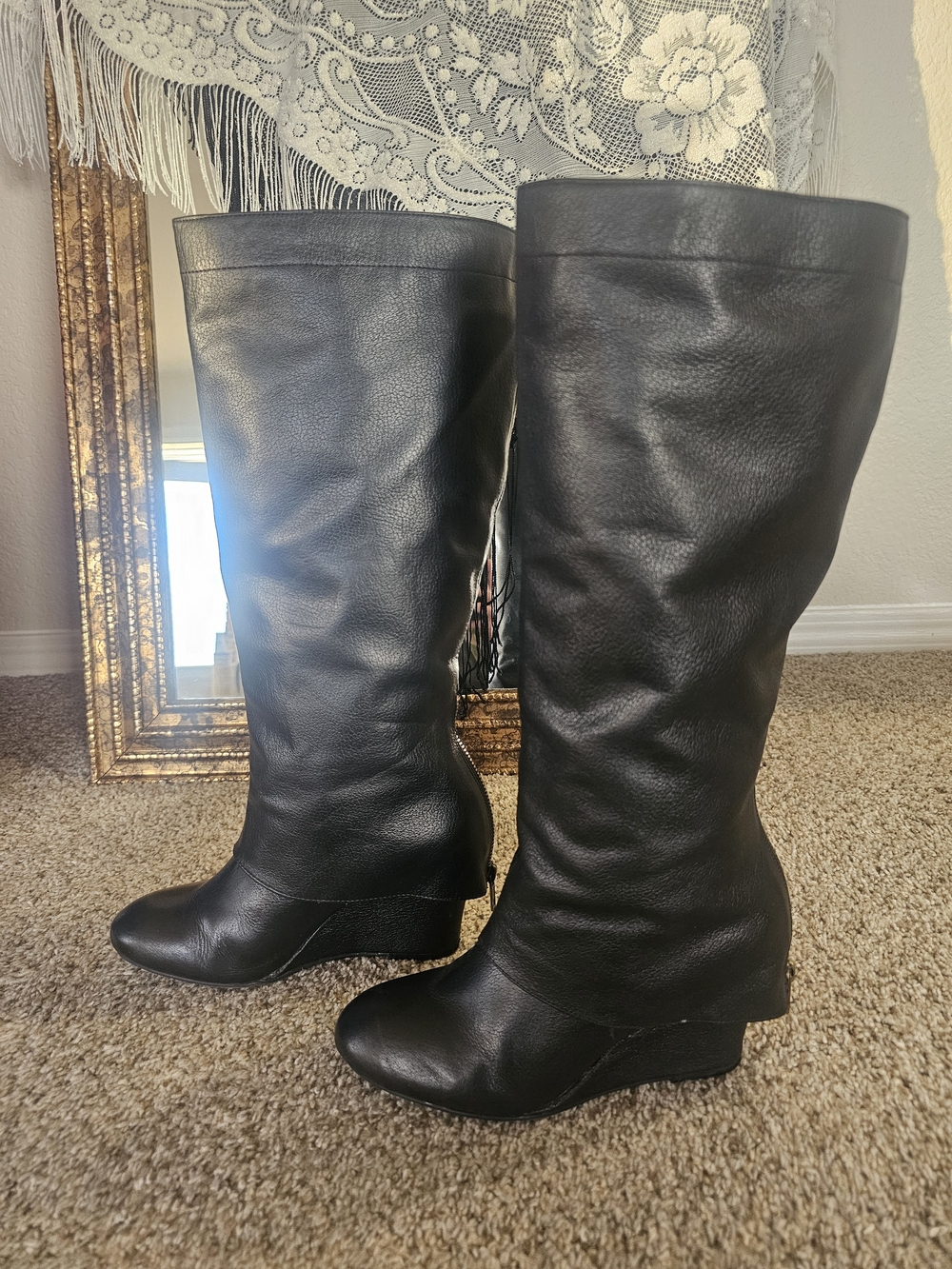 Steve Madden Black Leather Boot Cut Wedge Boots - Picture 5 of 10